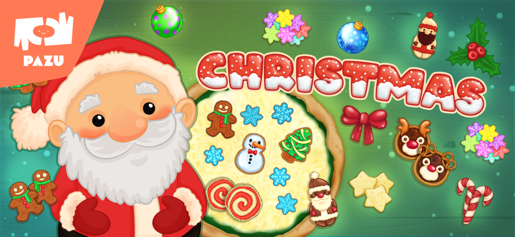 Pizza maker cooking games - Papá Noel presentando una pizza temática navideña con pan de jengibre y galletas festivas