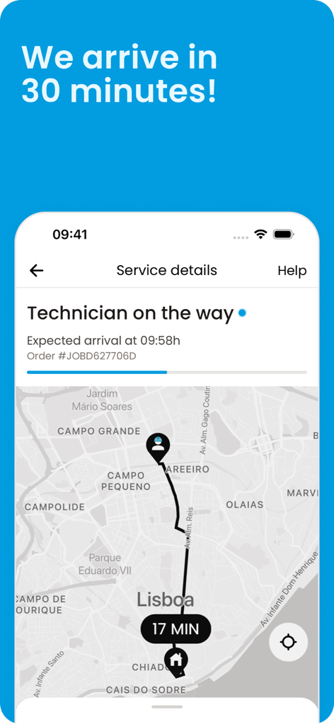 OSCAR: home services - Live tracking map showing a technician on the way with an estimated arrival time in the OSCAR app