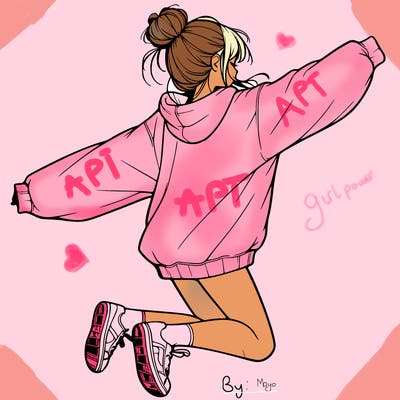 realistic girl jumping with a bun and oversized sweatshirt