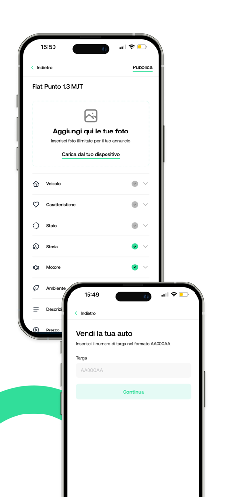 Ecrãs da aplicação AutoSuperMarket mostrando o processo de venda de carros com upload de fotos e entrada de matrícula.