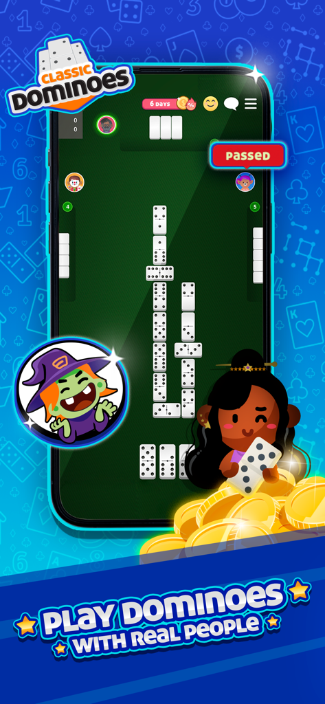 Dominoes - Classic Board Game - Uno screenshot dell'app Dominoes Classic Board Game che mostra una partita attiva con tessere domino su un tavolo verde e avatar stilizzati.