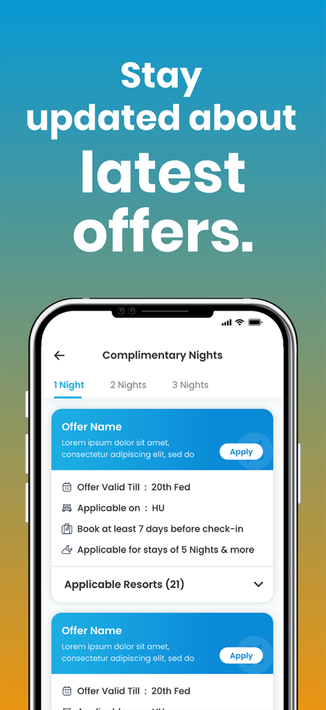 Mobile app interface showing complimentary night offers and vacation deals for club members