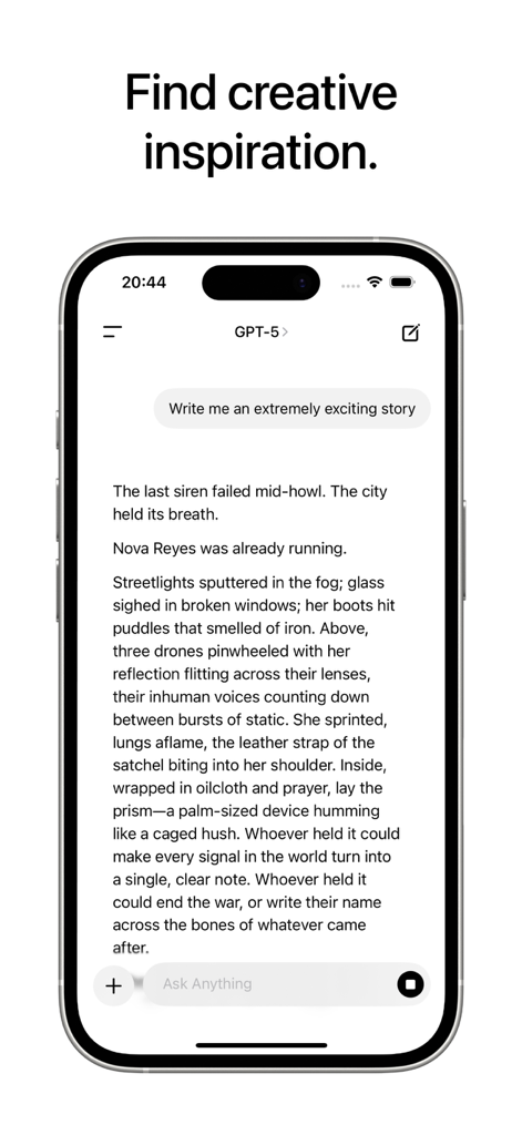 Local AI Chat - pocket - Local AI Chat pocket app screen showing a creative story generated by AI on an iPhone