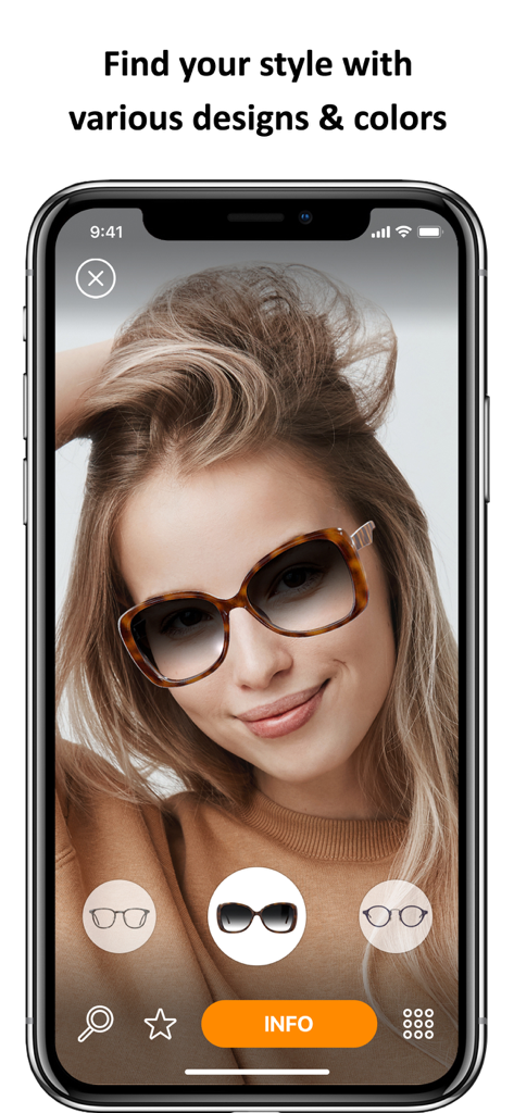 VirTry - 3D Fitting of Glasses - A woman using the VirTry app to virtually try on oversized tortoiseshell sunglasses