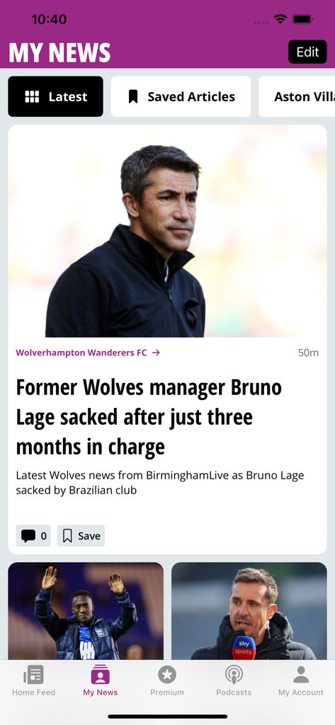 Birmingham Live - The My News section of the Birmingham Live app displaying personalized sports headlines about Wolverhampton Wanderers FC