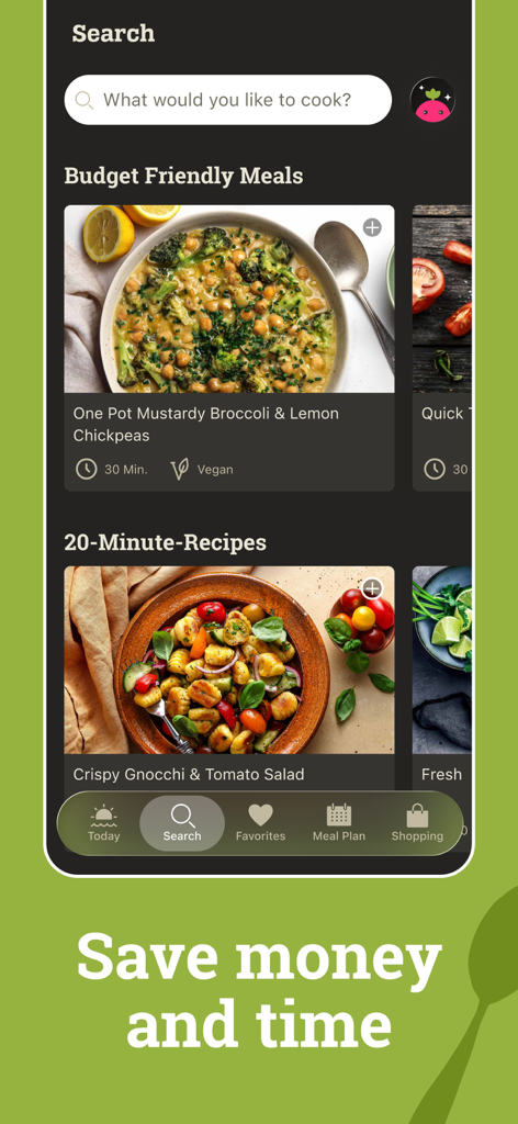 KptnCook Mobile App-Oberfläche, die Rezeptkategorien für preiswerte und 20-Minuten-Mahlzeiten anzeigt