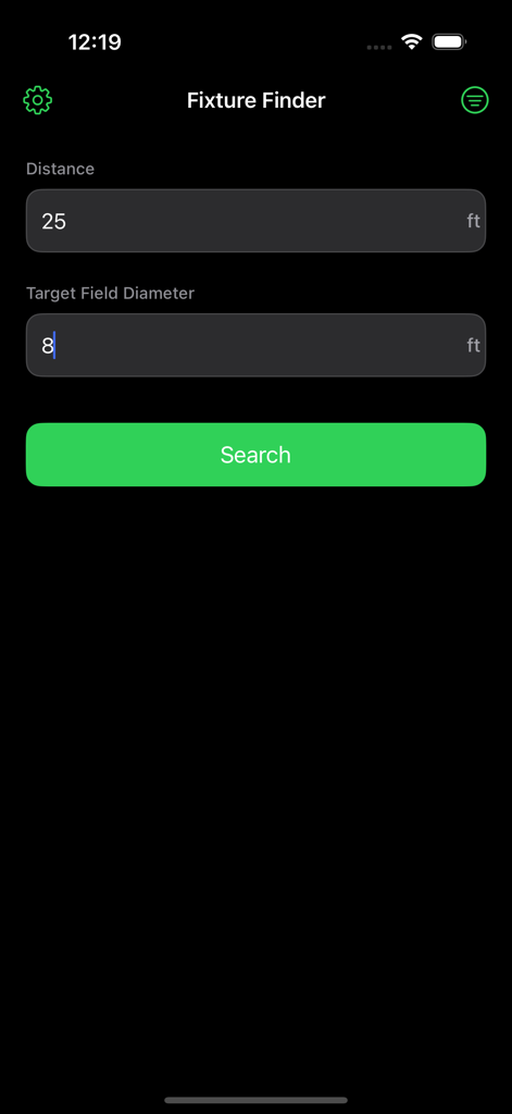 Fixture Finder - Search interface of the Fixture Finder app showing input fields for throw distance and target field diameter in feet