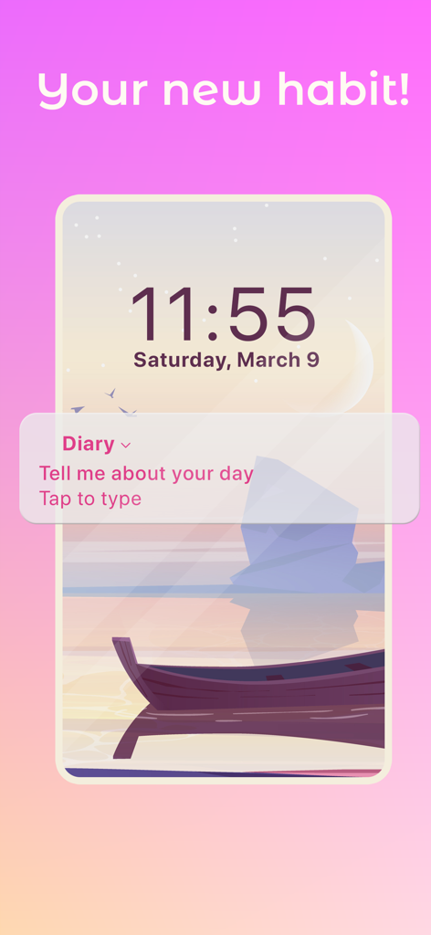 Girl Private Diary With Lock - Smartphone lock screen showing a daily journaling notification that says Tell me about your day under the text Your new habit