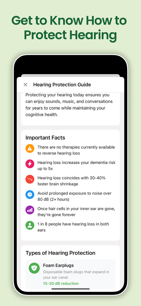 Sound Meter, dB - HearUp - Hearing Protection Guide screen in the HearUp app displaying facts about hearing loss and information on foam earplugs.