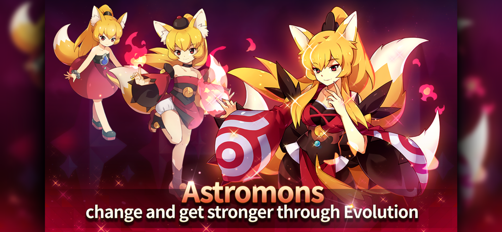 Monster Super League - Three stages of a fox-like Astromon character evolving and becoming stronger in Monster Super League