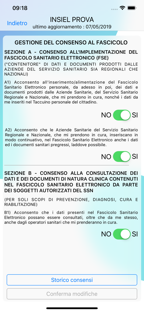 Ecrã de gestão de consentimento na aplicação médica Sesamo FSE mostrando opções de alternância de privacidade