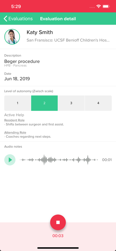 Medbook - Medbook app interface displaying evaluation details for a medical procedure including autonomy scale and audio notes