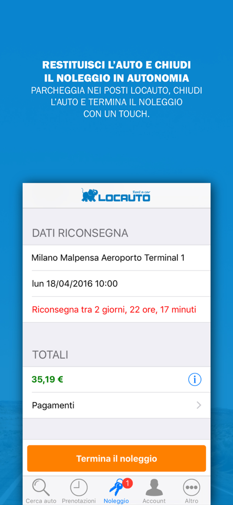 Locauto Rent - Locauto Rent app interface for independent car return and rental termination at Milan Malpensa Airport.