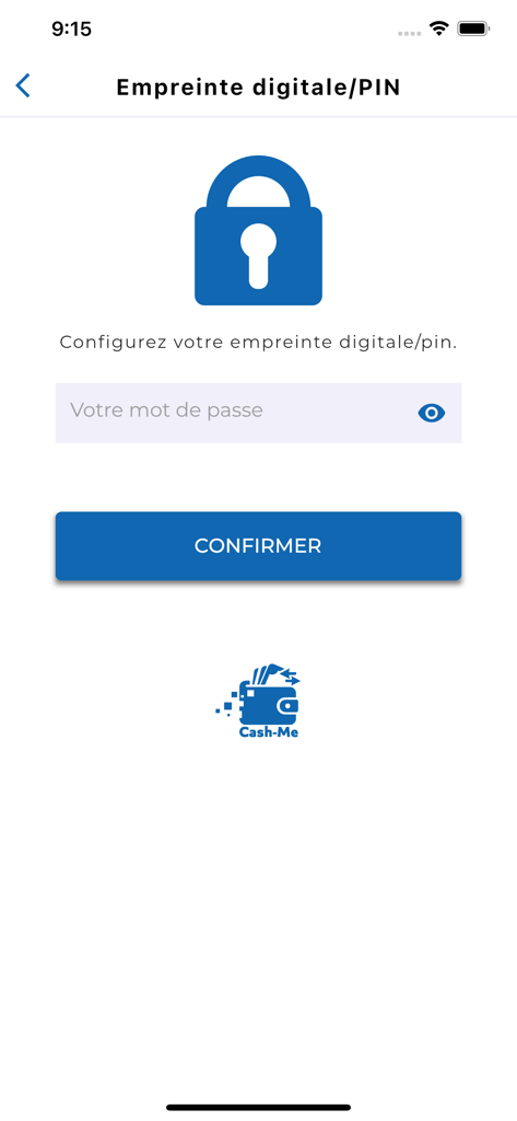 Interface do aplicativo Cash-Me para configurar um PIN de segurança ou autenticação por impressão digital.
