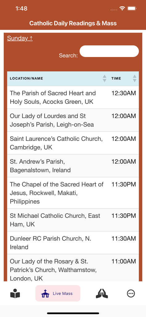Catholic Daily Readings & Mass - A list of global Catholic parishes and their live mass streaming times for Sunday displayed within the app interface.