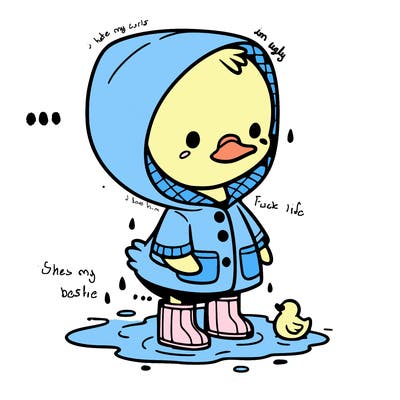 baby duck in a rain coat and boots, in a puddle while it’s raining