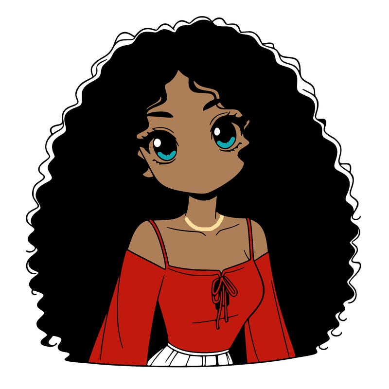 a black anime girl with long afro hair