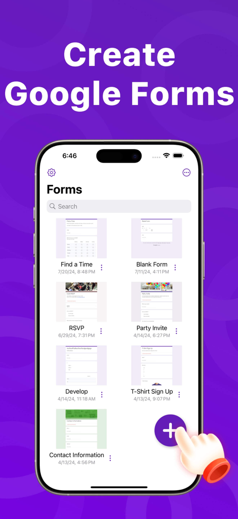 Interface do aplicativo móvel mostrando uma lista de Google Forms com um botão para criar novo formulário