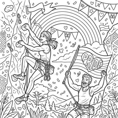 Embrace the spirit of adventure and celebrate diversity with this dynamic coloring page featuring sport climbers. Adorned with rainbows, flags, and joyful patterns, it's a perfect tribute to Pride Month.
