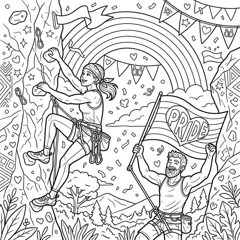 Embrace the spirit of adventure and celebrate diversity with this dynamic coloring page featuring sport climbers. Adorned with rainbows, flags, and joyful patterns, it's a perfect tribute to Pride Month.