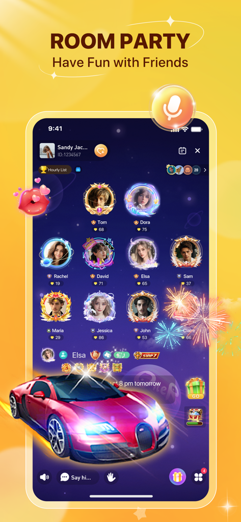 OneR: Live Voice Chat - Interfaz de la aplicación OneR mostrando una sala de chat de voz en vivo con avatares de usuario y animaciones de regalos virtuales.