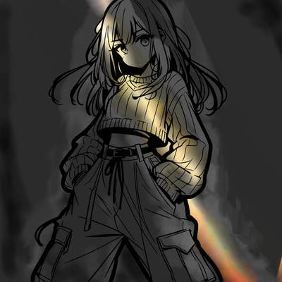 anime teen girl with baggy pants and crop top with sweater