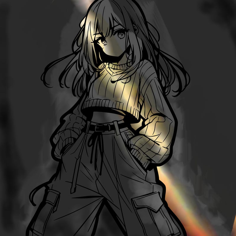 anime teen girl with baggy pants and crop top with sweater