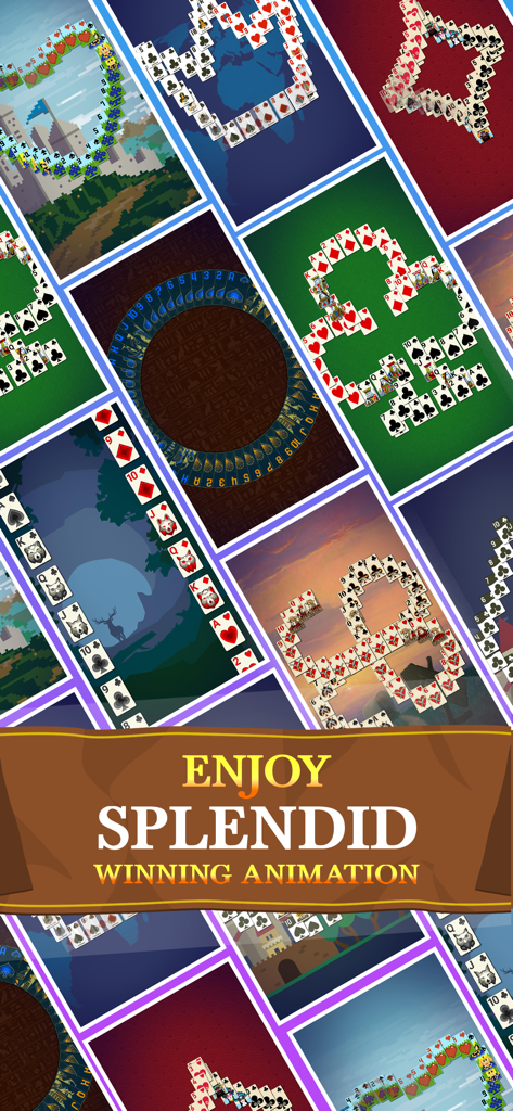 A collection of colorful winning card animations and various game backgrounds in Classic Solitaire