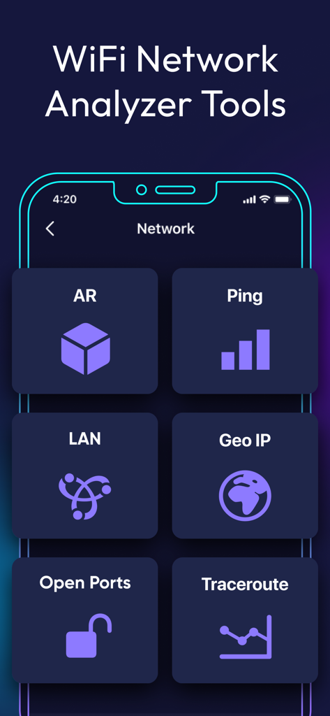 Aplicación Speed Test y Wifi Analyzer que muestra herramientas de diagnóstico de red como AR y Ping