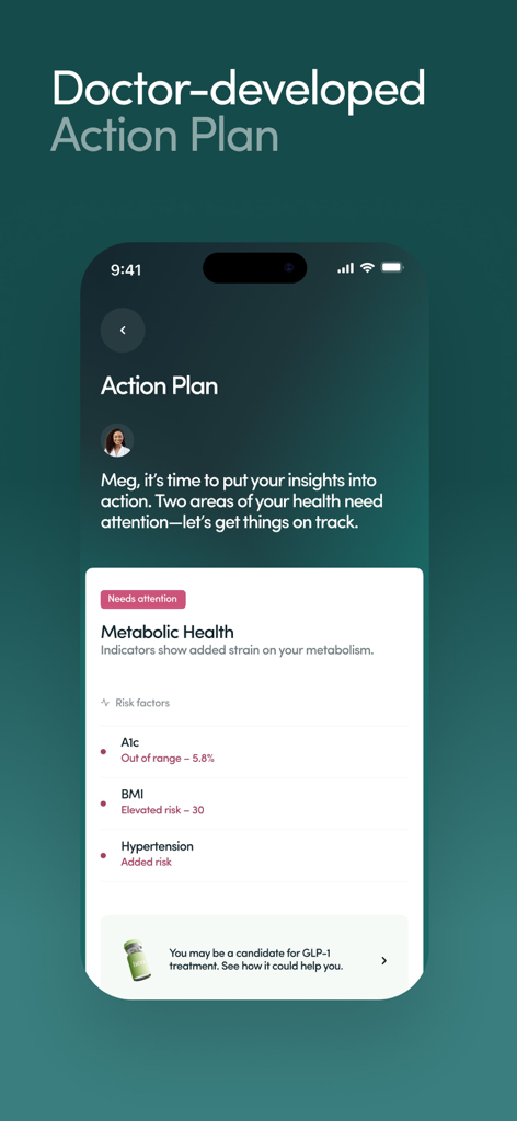 Doctor-developed action plan screen in the Hers app showing metabolic health indicators and weight loss recommendations.