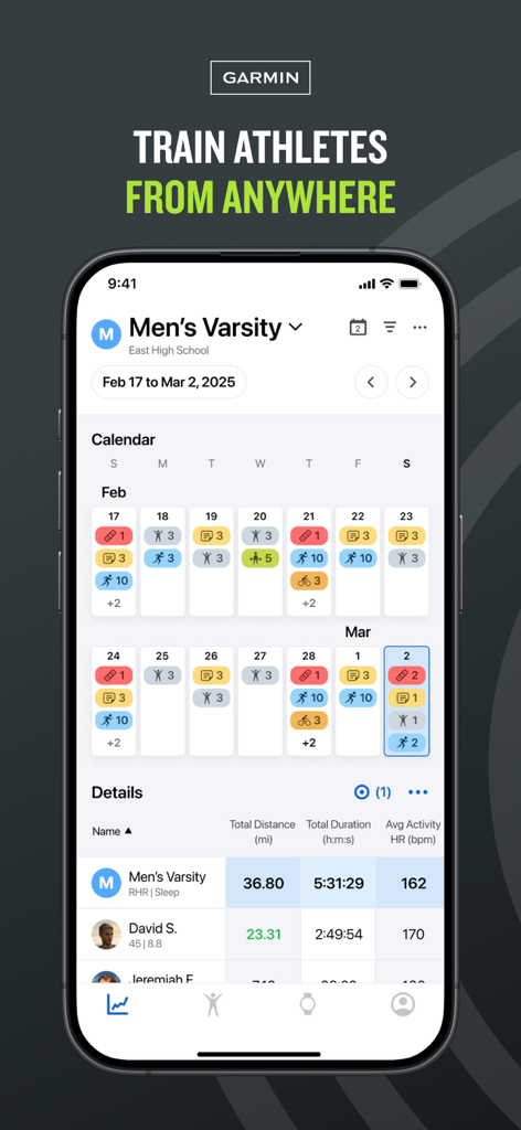 Painel do aplicativo Garmin Clipboard mostrando um calendário de treinamento de equipe universitária e métricas de desempenho do atleta.