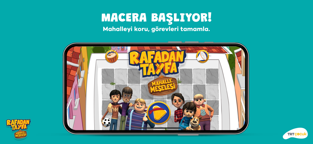 TRT Rafadan Tayfa Mahalle - Main menu of the TRT Rafadan Tayfa Mahalle mobile app featuring the main cartoon characters