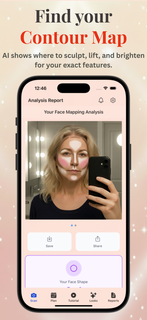 Makeup Check AI - AI Makeup - Una pantalla de smartphone que muestra el análisis de mapeo facial de Makeup Check AI con una superposición de mapa de contorno en el rostro de una mujer.