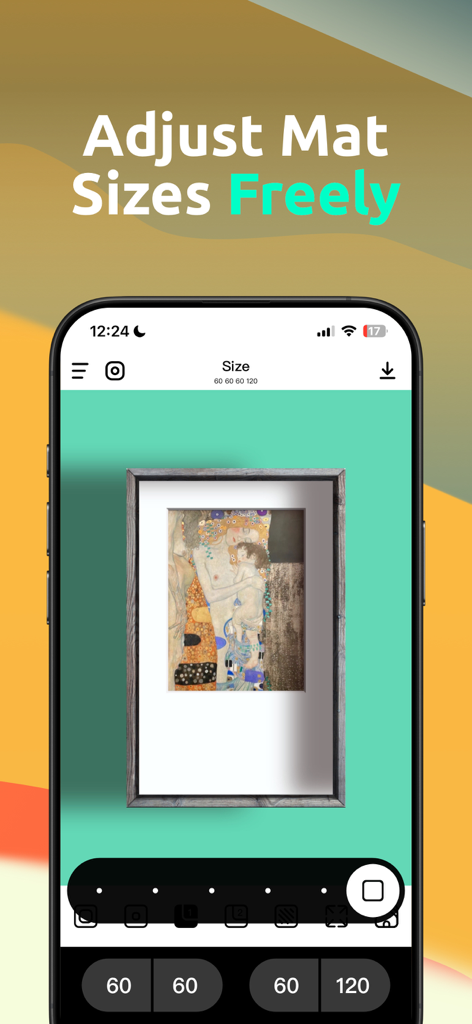 Interface of FrameX app showing options to adjust mat sizes for framed artwork