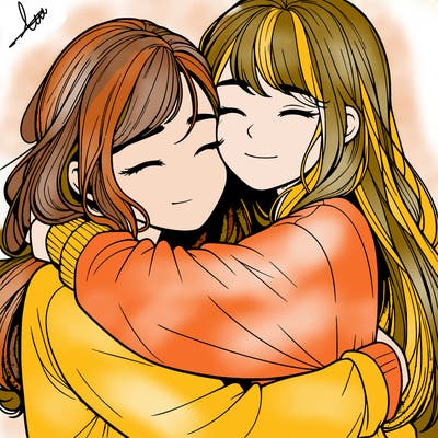 realistic two girls hugging