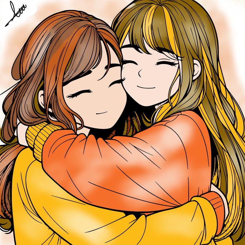 realistic two girls hugging