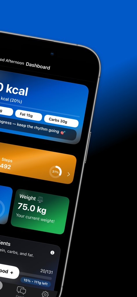 CountFit AI - Calorie Counter - Panel de CountFit AI que muestra la ingesta de calorías, los objetivos de macros, los pasos diarios y el seguimiento del peso en una interfaz de modo oscuro.