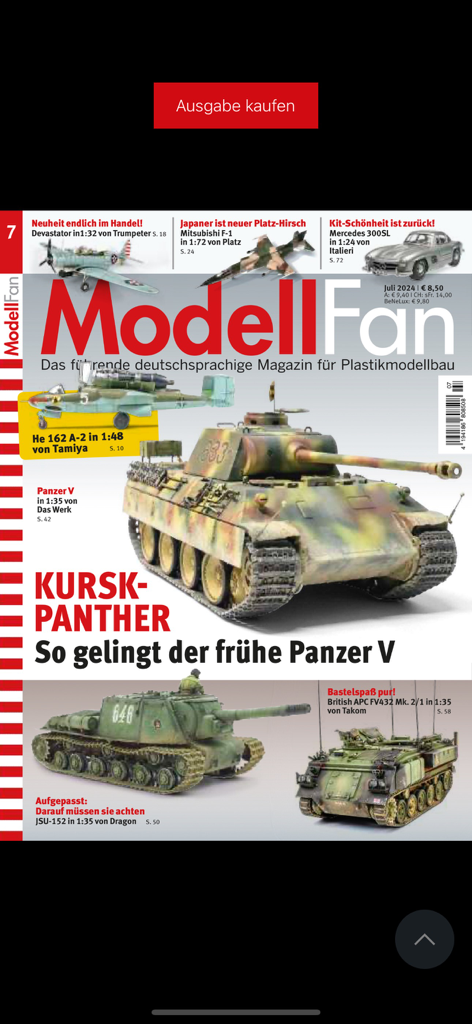Umschlag der ModellFan Zeitschrift mit einem detaillierten Modell eines Panther-Panzers aus Kursk und anderen Militärfahrzeugen.