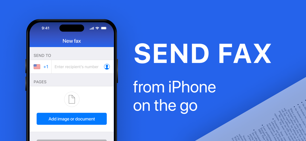Fax Pro app interface on an iPhone displaying the new fax screen with text saying Send Fax from iPhone on the go