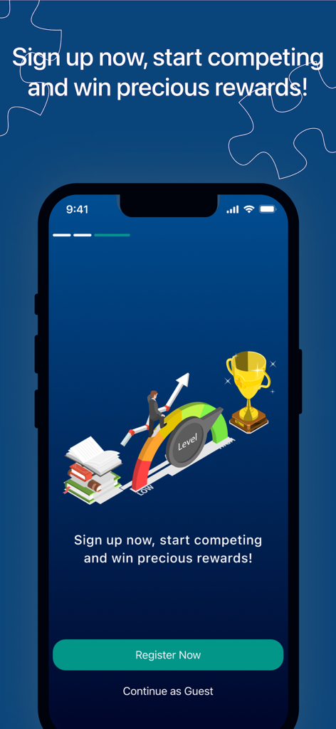 Brainzy - Brainzy app registration screen showing an incentive to sign up and win rewards with illustrations of a trophy and progress level