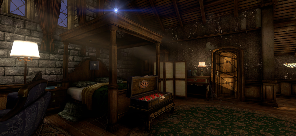 Una renderización 3D atmosférica de un dormitorio dentro de un misterioso castillo con una cama con dosel y un cofre de madera abierto.