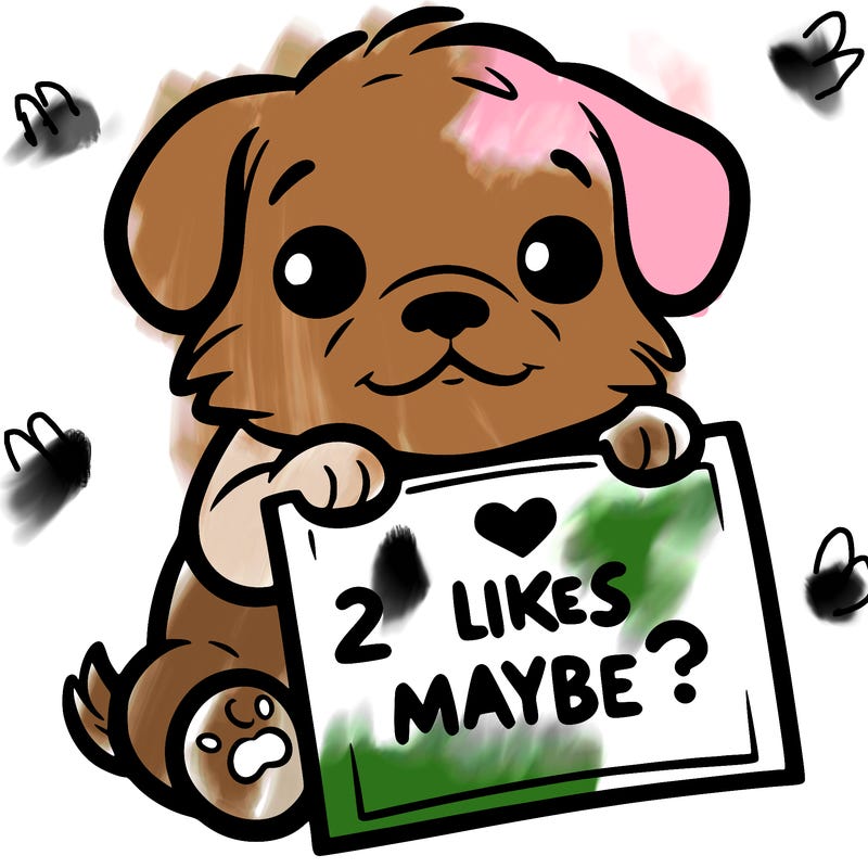 a puppy holding a sign that says 2 likes maybe?