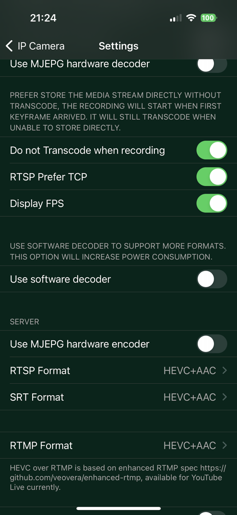 IP Camera Pro - Advanced technical settings screen in the IP Camera Pro app showing hardware decoder and server protocol options
