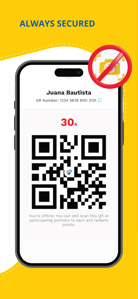 Go Rewards PH - Smartphone screen displaying a secure membership QR code in the Go Rewards PH app