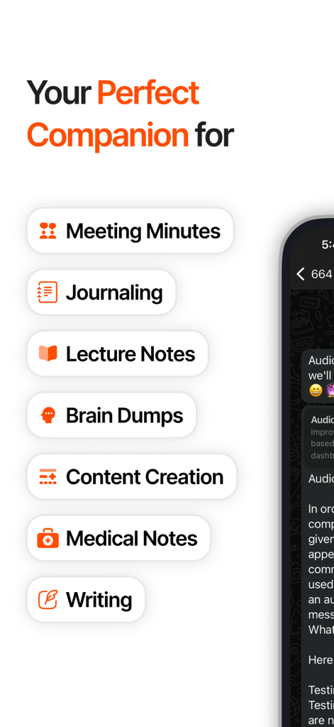 Audionotes: Audio Notes AI - Lista de casos de uso para Audionotes AI, incluindo atas de reuniões, anotações de diário, notas de palestras e notas médicas.