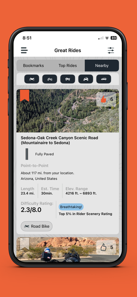 The Garmin Tread app interface showing the Great Rides screen with a detailed scenic route description for Sedona Arizona