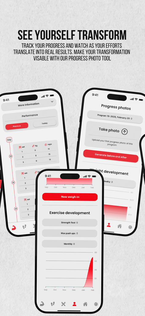 Mobile app screens showing fitness progress tracking and body transformation tools
