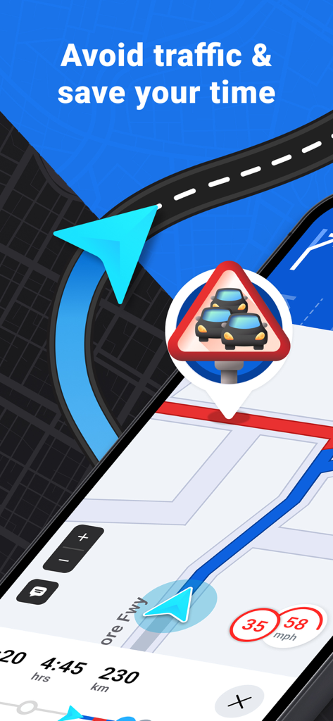 Interfaz de la aplicación Navegación GPS en Vivo mostrando alertas de tráfico y guía de ruta en un mapa