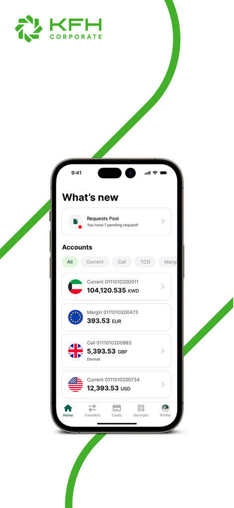 KFH Corporate - KFH Corporate app dashboard showing multicurrency account balances and pending requests