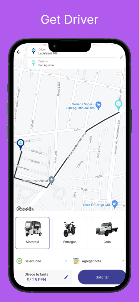 Get Driver app interface showing a map route and options for mototaxi deliveries and tow truck services